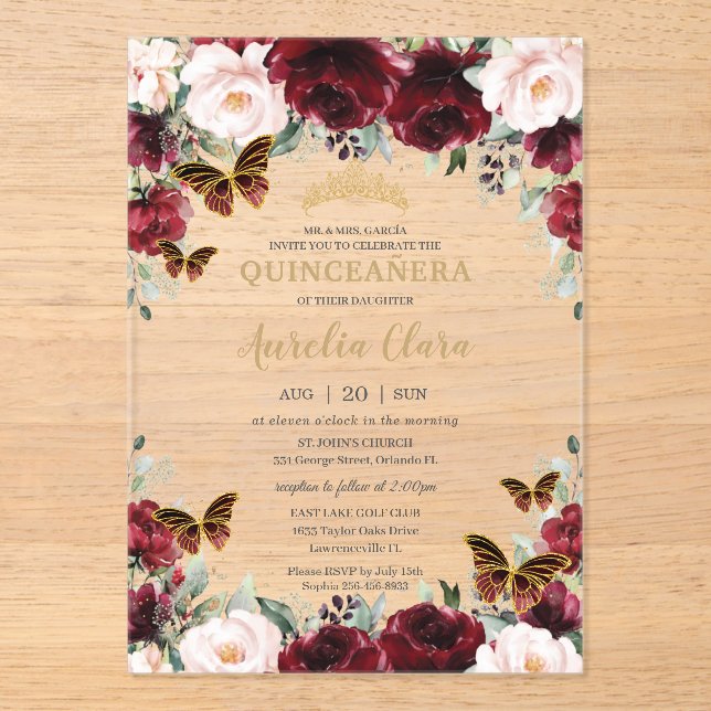 Quinceañera Burgundy Blush Floral Gold Butterflies Acrylic Invitations (Front)