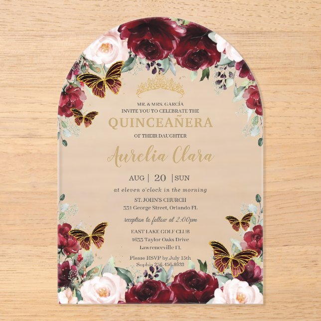 Quinceañera Burgundy Blush Floral Gold Butterflies Acrylic Invitations (Front)