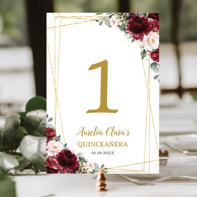 Quinceañera Burgundy Blush Floral Gold Butterflies Table Number (Creator Uploaded)