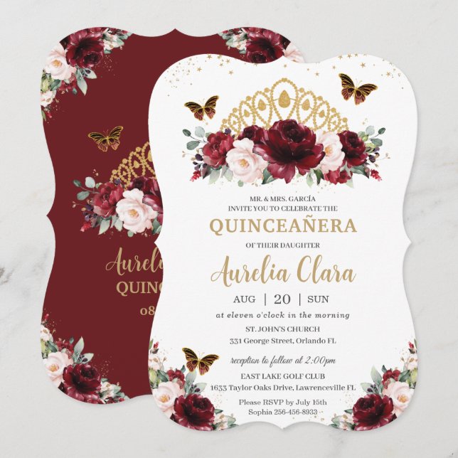 Quinceañera Burgundy Blush Floral Gold Crown Invitation (Front/Back)