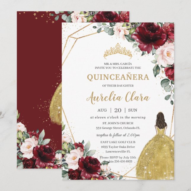 Quinceañera Burgundy Blush Floral Gold Dress Crown Invitation (Front/Back)