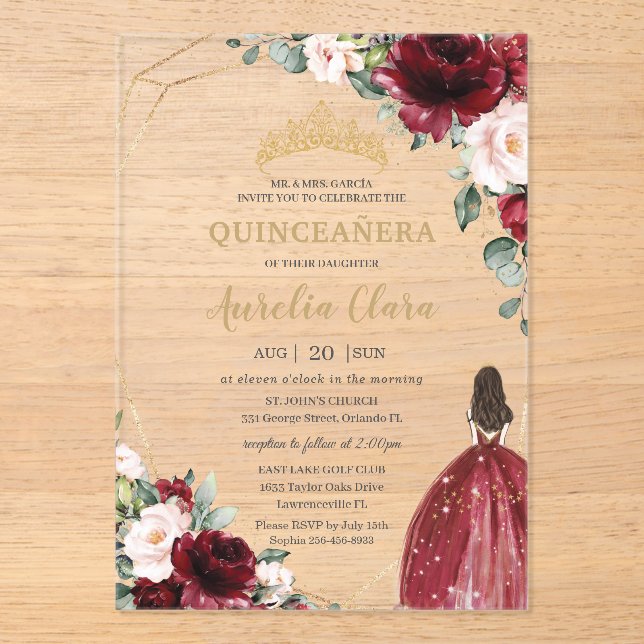 Quinceanera Burgundy Blush Floral Gold Princess Acrylic Invitations (Front)