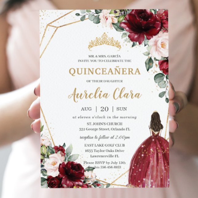 Quinceañera Burgundy Blush Floral Gold Princess Invitation (Creator Uploaded)
