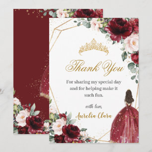 Quinceañera Burgundy Blush Floral Gold Princess  Thank You Card