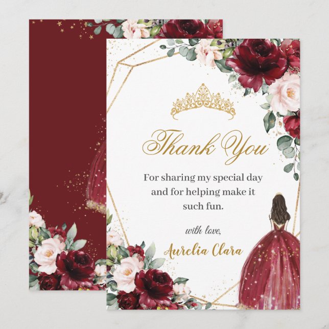 Quinceañera Burgundy Blush Floral Gold Princess  Thank You Card (Front/Back)