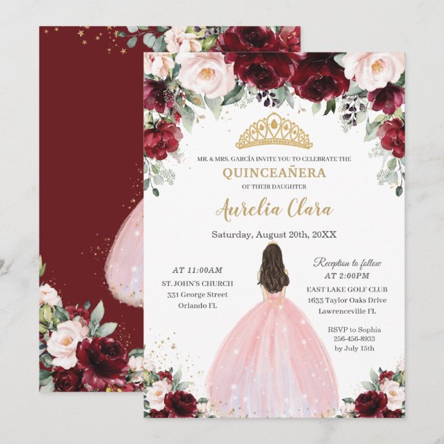 Quinceañera Burgundy Blush Floral Pink Dress Crown Invitation (Front/Back)