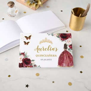 Quinceanera Burgundy Blush Floral Princess Gold Guest Book