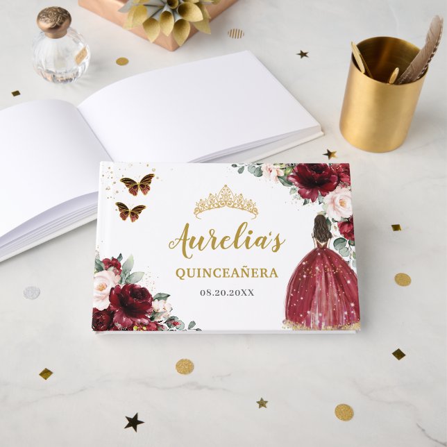 Quinceanera Burgundy Blush Floral Princess Gold Guest Book (Front Open)