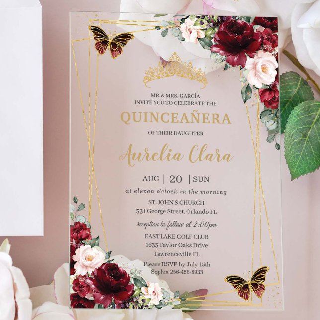Quinceañera Burgundy Blush Floral Princess Tiara Acrylic Invitations (Creator Uploaded)