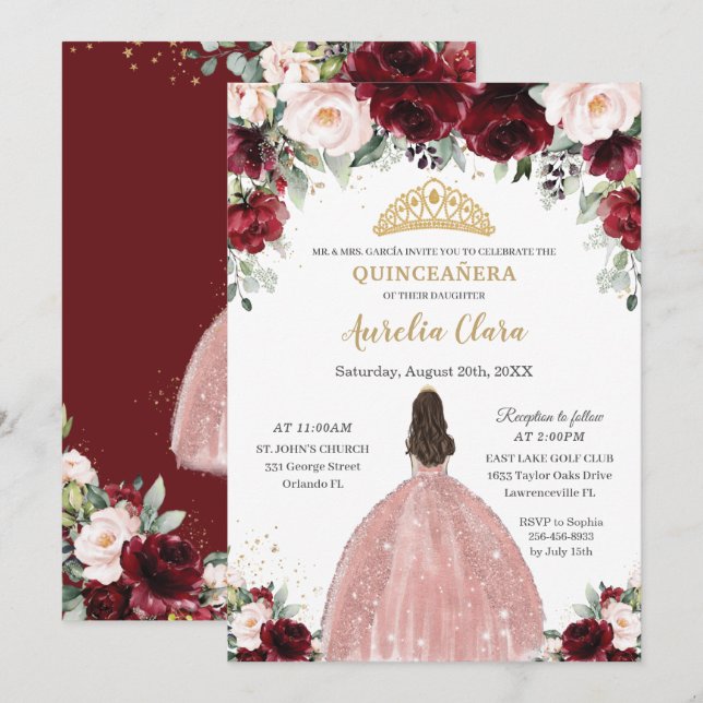 Quinceañera Burgundy Blush Floral Rose Gold Dress Invitation (Front/Back)