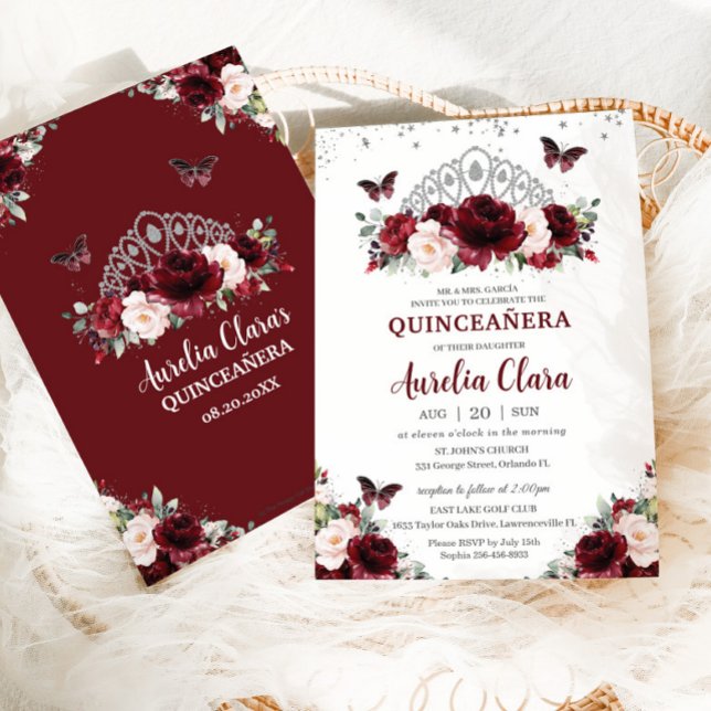 Quinceañera Burgundy Blush Floral Silver Crown  Invitation (Creator Uploaded)