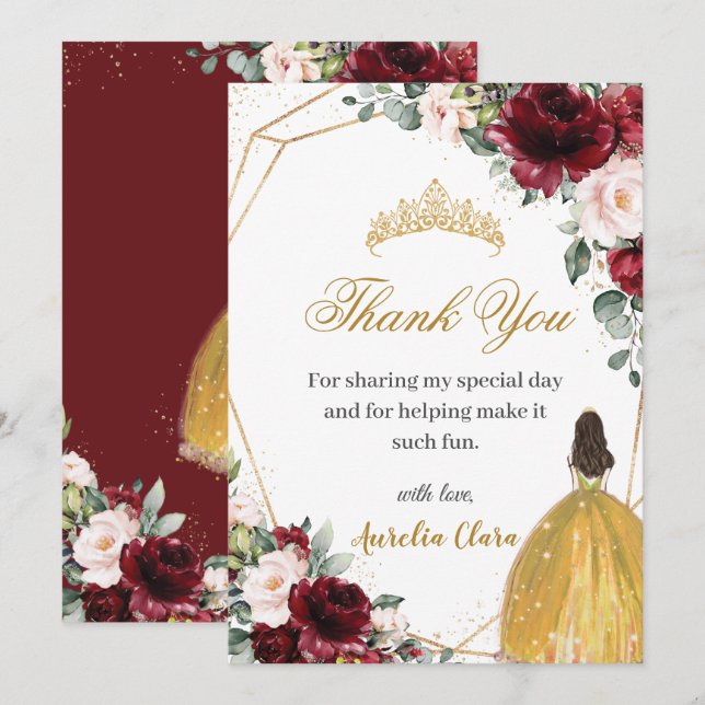 Quinceañera Burgundy Blush Floral Yellow Princess  Thank You Card (Front/Back)