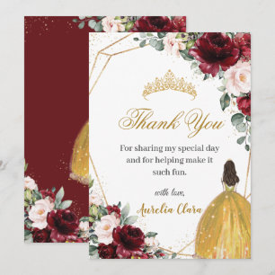 Quinceañera Burgundy Blush Floral Yellow Princess  Thank You Card