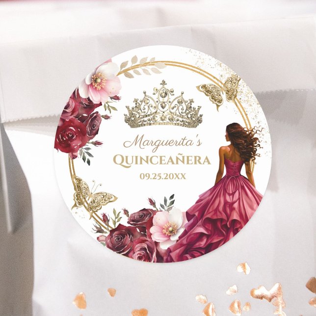 Quinceañera Burgundy Blush Gold Floral Princess Classic Round Sticker (Creator Uploaded)