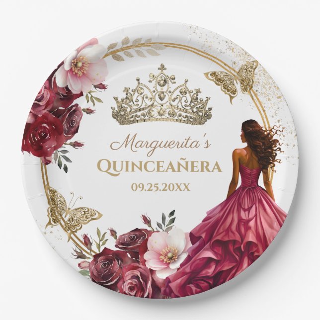 Quinceañera Burgundy Blush Gold Floral Princess Paper Plate (Front)