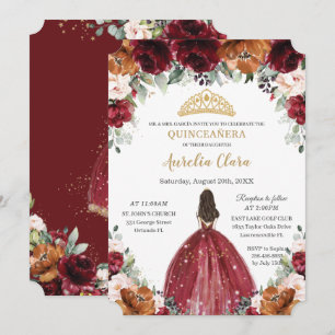 Quinceañera Burgundy Blush Rust Floral Princess In Invitation