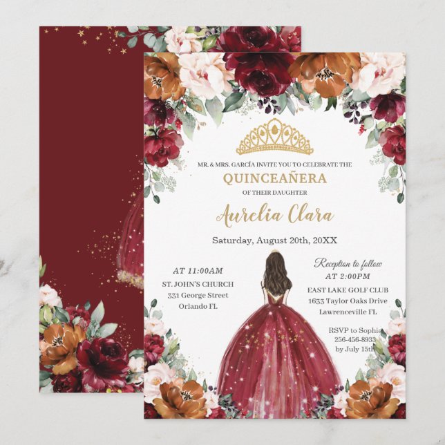 Quinceañera Burgundy Blush Rust Floral Princess Invitation (Front/Back)