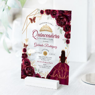 Quinceanera Burgundy Dress Floral Gold Acrylic Invitations