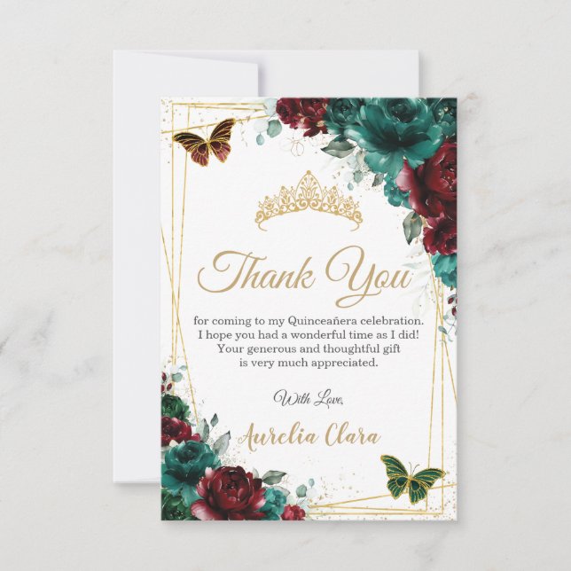 Quinceañera Burgundy Emerald Floral 16th Birthday  Thank You Card (Front)