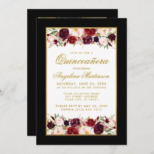 Quinceanera Burgundy Floral Black White Gold Photo Invitation