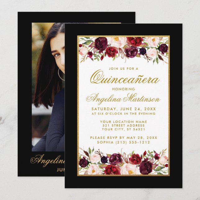 Quinceanera Burgundy Floral Black White Gold Photo Invitation (Front/Back)