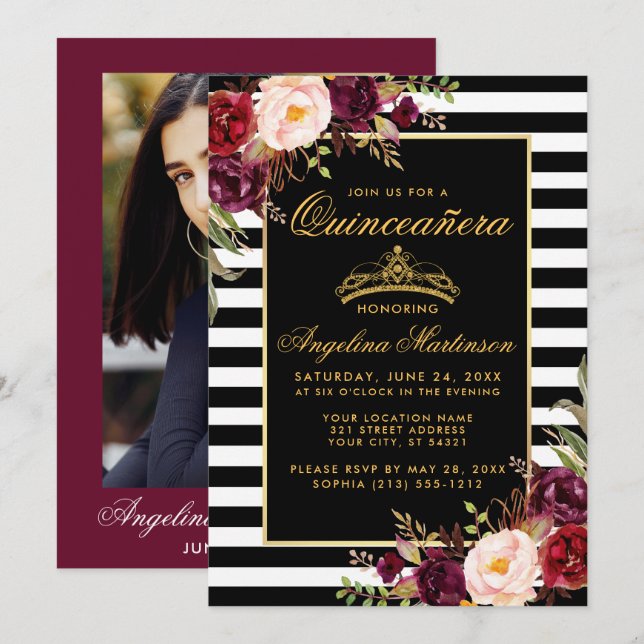 Quinceanera Burgundy Floral Crown Stripes Photo Invitation (Front/Back)