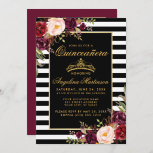 Quinceanera Burgundy Floral Crown Stripes Photo Invitation