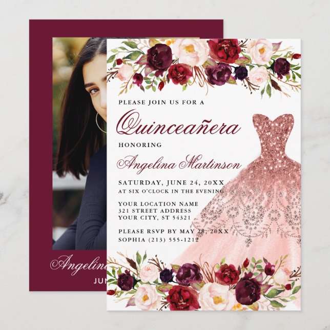 Quinceanera Burgundy Floral Dress Photo Back Invitation (Front/Back)