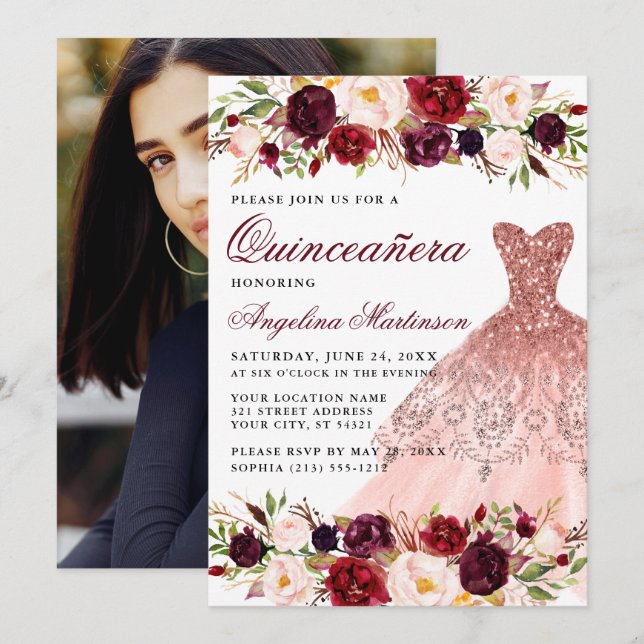 Quinceanera Burgundy Floral Glitter Dress Photo Invitation (Front/Back)