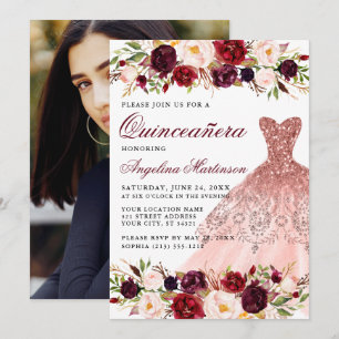 Quinceanera Burgundy Floral Glitter Dress Photo Invitation