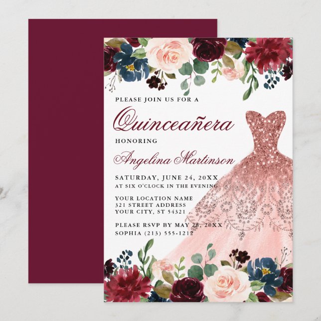 Quinceanera Burgundy Floral Glitter Pink Dress Invitation (Front/Back)