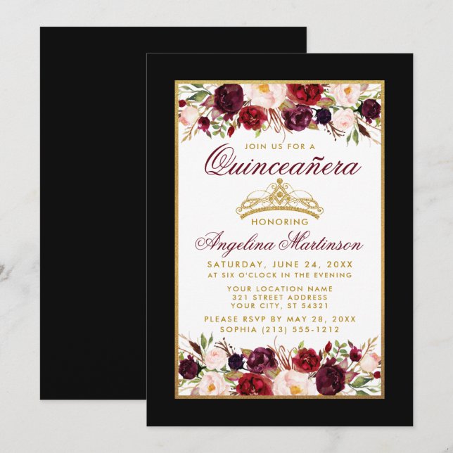 Quinceanera Burgundy Floral Gold Crown Black Invitation (Front/Back)