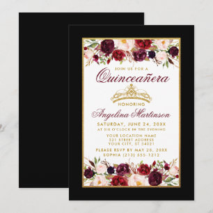 Quinceanera Burgundy Floral Gold Crown Black Invitation