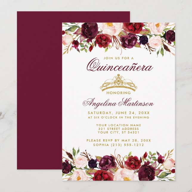 Quinceanera Burgundy Floral Gold Crown Invitation (Front/Back)