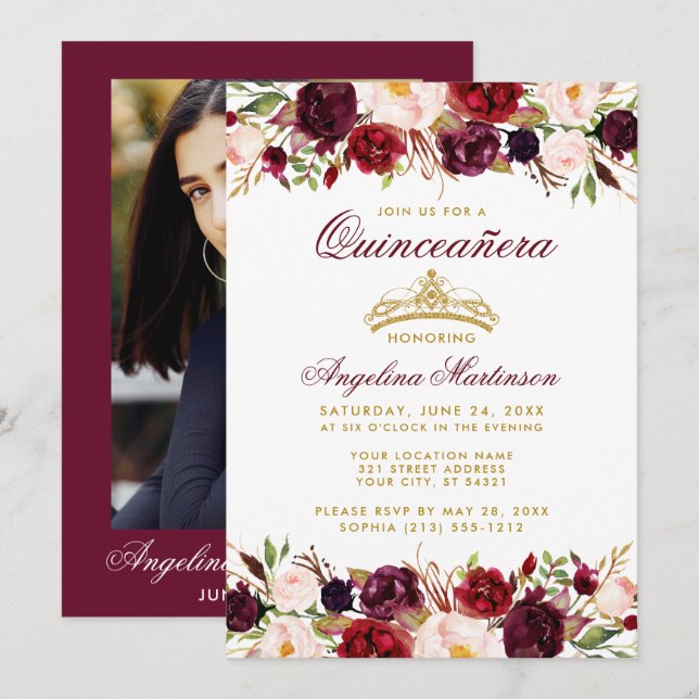 Quinceanera Burgundy Floral Gold Crown Photo Invitation (Front/Back)