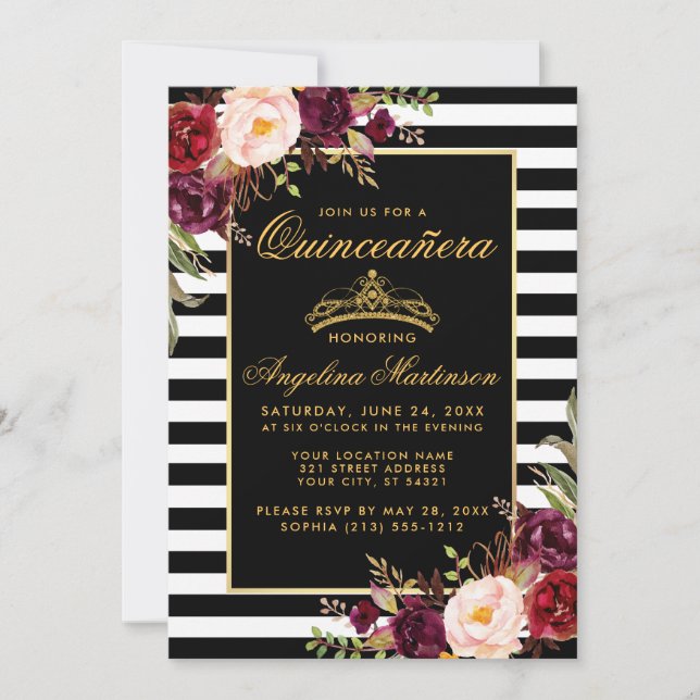Quinceanera Burgundy Floral Gold Crown Stripes Invitation (Front)
