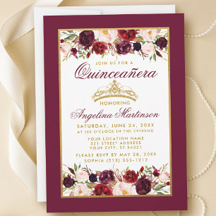 Quinceanera Burgundy Floral Gold Frame Crown Invitation
