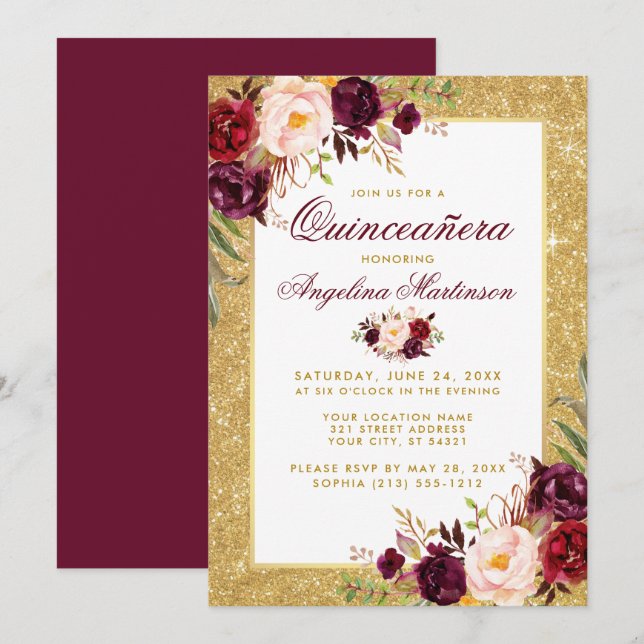 Quinceanera Burgundy Floral Gold Glitter Invitation (Front/Back)