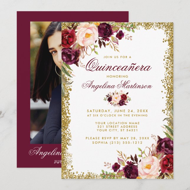 Quinceanera Burgundy Floral Gold Glitter Photo Invitation (Front/Back)