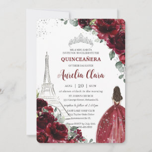 Quinceañera Burgundy Floral Paris Eiffel Princess  Invitation