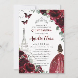 Quinceañera Burgundy Floral Paris Eiffel Princess Invitation