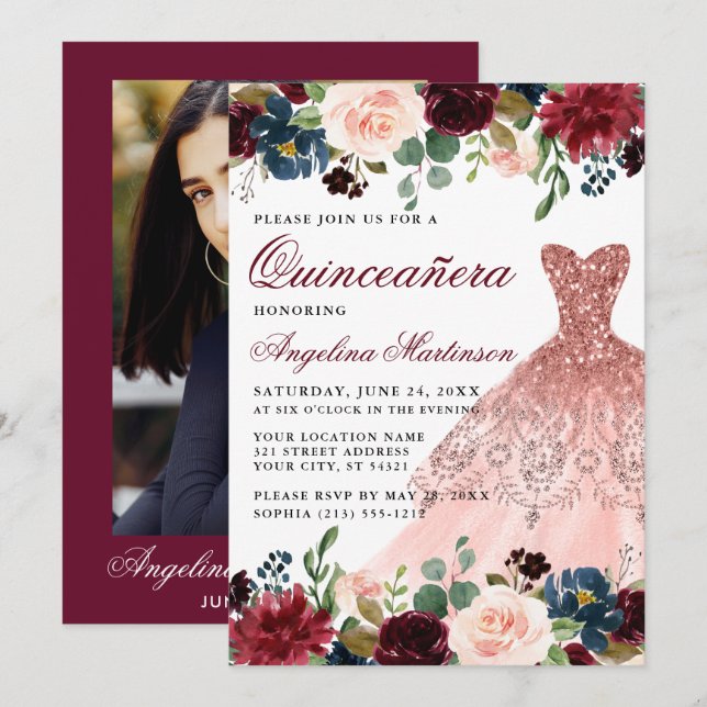 Quinceanera Burgundy Floral Photo Back Dress Invitation (Front/Back)