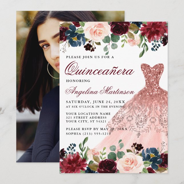 Quinceanera Burgundy Floral Photo Pink Dress Invitation (Front/Back)