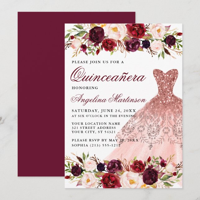 Quinceanera Burgundy Floral Pink Glitter Dress Invitation (Front/Back)