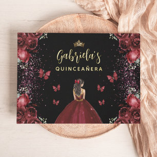 Quinceañera Burgundy Gold Black Floral Guest Book
