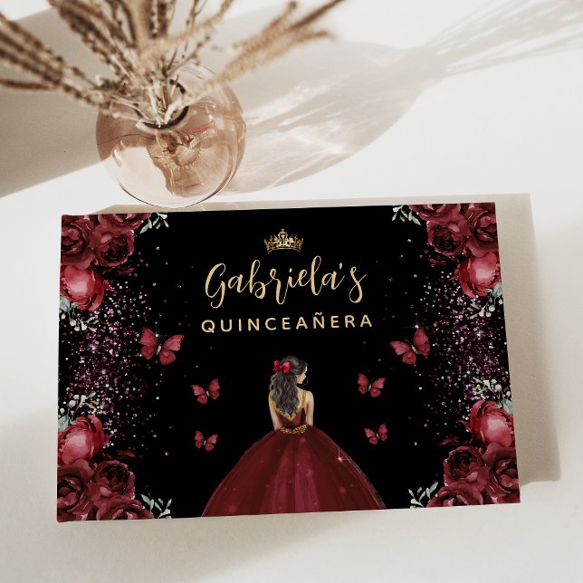Quinceañera Burgundy Gold Black Floral Guest Book (Creator Uploaded)