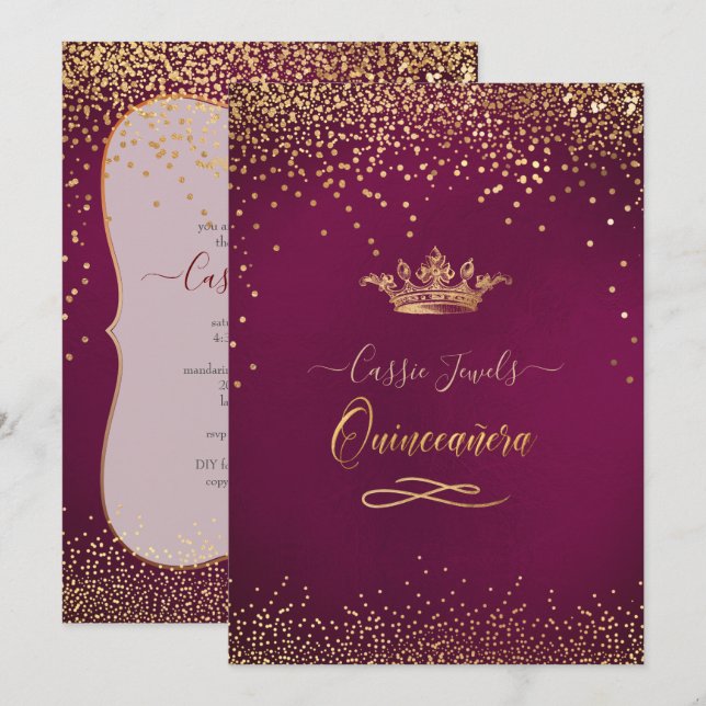 Quinceanera Burgundy Gold Confetti+Princess Crown Invitation (Front/Back)