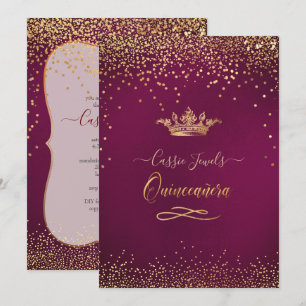 Quinceanera Burgundy Gold Confetti+Princess Crown Invitation