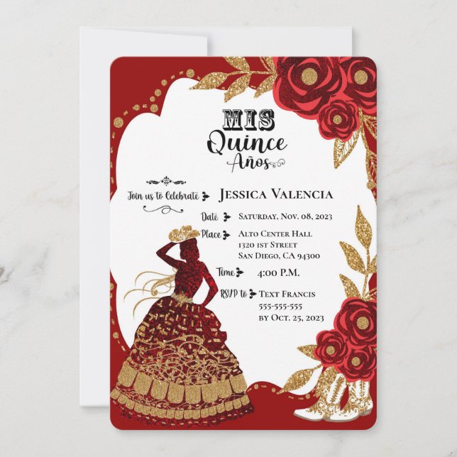 Quinceanera Burgundy Gold Cowgirl Invitation (Front)