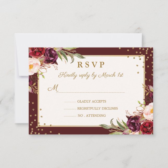 Quinceanera Burgundy Gold floral Sparkle RSVP (Front)